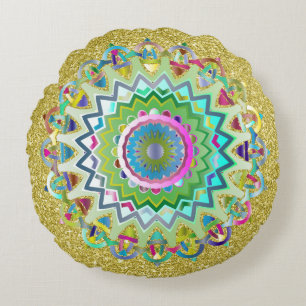 Colorful Prismatic Celtic Knots Gold Faux Glitter Round Pillow