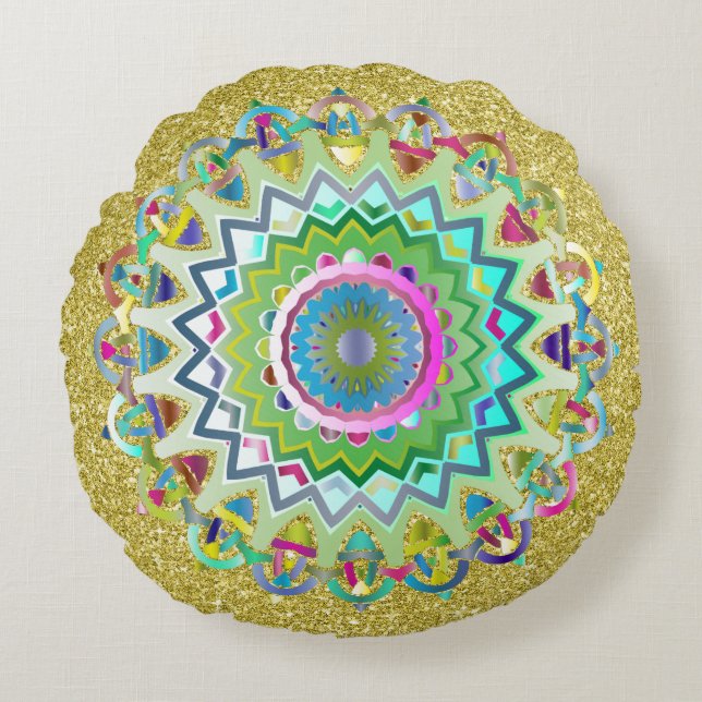 Colorful Prismatic Celtic Knots Gold Faux Glitter Round Pillow (Front)