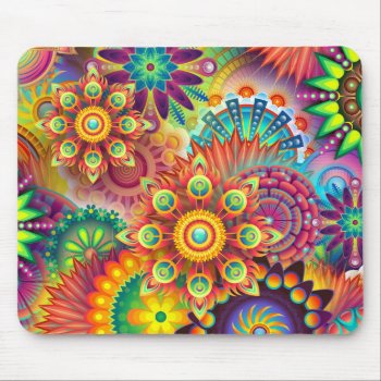 Colorful Psychedelic Abstract Floral Pattern Mouse Pad by RainbowChild_Art at Zazzle