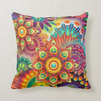 Colorful Psychedelic Abstract Floral Pattern Throw Pillow by RainbowChild_Art at Zazzle