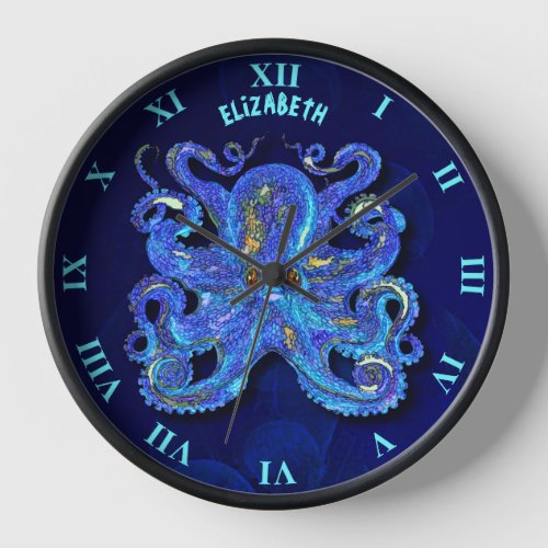 Colorful Psychedelic Blue Octopus With Brown Eyes Clock