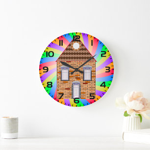 Colorful Psychedelic Brick House Rainbow Design Large Clock