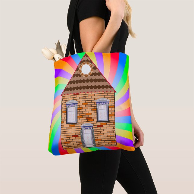 Colorful Psychedelic Brick House Rainbow Design Tote Bag (Creator Uploaded)
