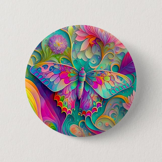 Colorful Psychedelic Butterfly and Flowers  Button (Front)