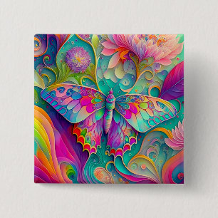 Colorful Psychedelic Butterfly and Flowers Button