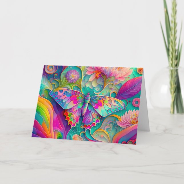 Colorful Psychedelic Butterfly and Flowers  Card (Front)
