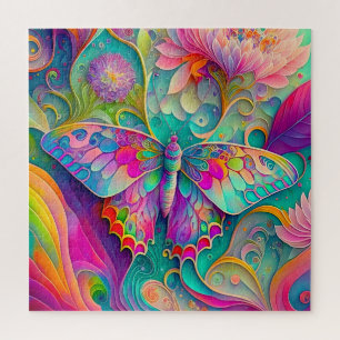 Colorful Psychedelic Butterfly and Flowers Jigsaw Puzzle