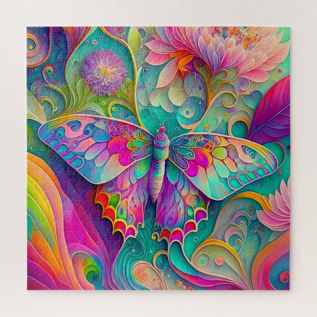 Colorful Psychedelic Butterfly and Flowers  Jigsaw Puzzle (Vertical)