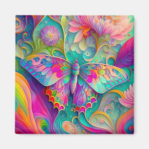 Colorful Psychedelic Butterfly and Flowers Magnet