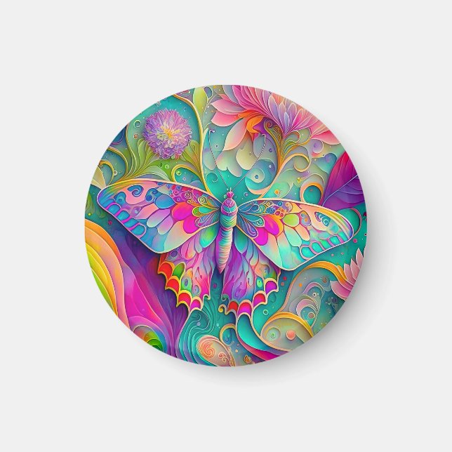 Colorful Psychedelic Butterfly and Flowers  Magnet (Front)