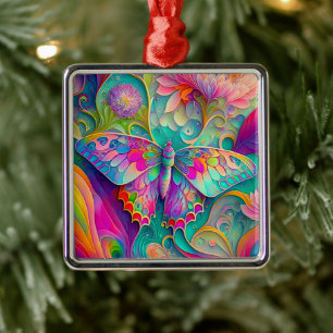 Colorful Psychedelic Butterfly and Flowers Metal Ornament