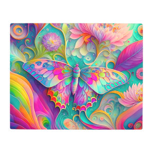 Colorful Psychedelic Butterfly and Flowers Metal Print