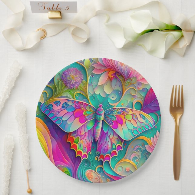 Colorful Psychedelic Butterfly and Flowers  Paper Plates (Wedding)