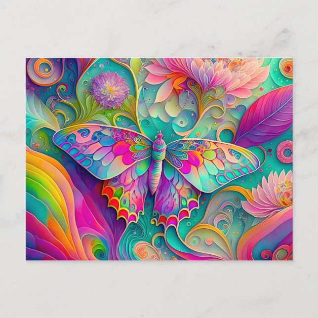 Colorful Psychedelic Butterfly and Flowers  Postcard (Front)