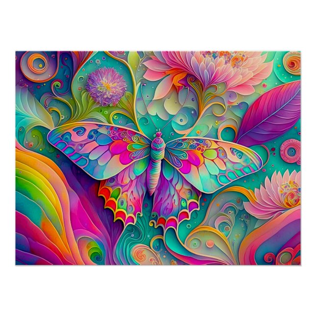 Colorful Psychedelic Butterfly and Flowers  Poster (Front)