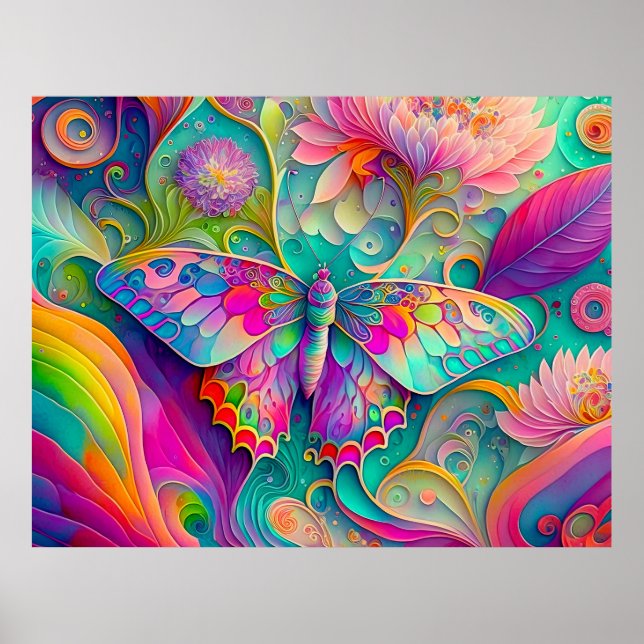 Colorful Psychedelic Butterfly and Flowers  Poster (Front)