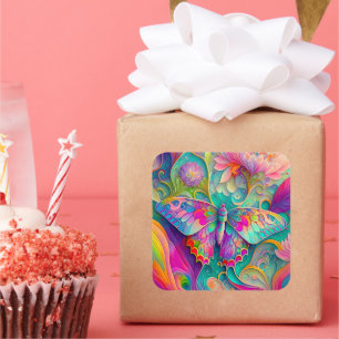 Colorful Psychedelic Butterfly and Flowers Square Sticker