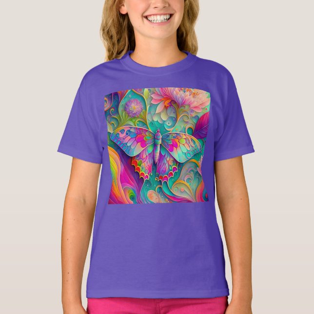 Colorful Psychedelic Butterfly and Flowers  T-Shirt (Front)