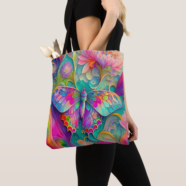 Colorful Psychedelic Butterfly and Flowers  Tote Bag (Close Up)