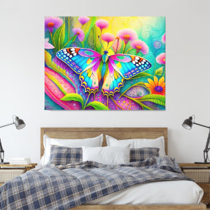 Colorful Psychedelic Butterfly and Wildflowers Canvas Print