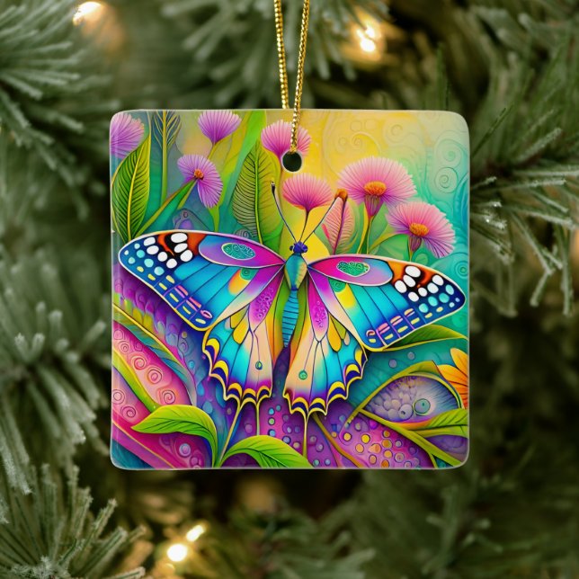 Colorful Psychedelic Butterfly and Wildflowers  Ceramic Ornament (Tree)