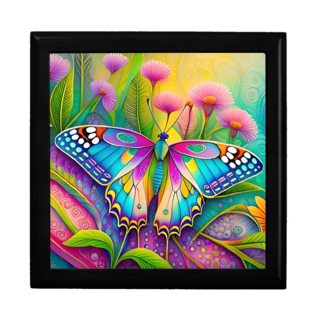 Colorful Psychedelic Butterfly and Wildflowers  Gift Box (Front)