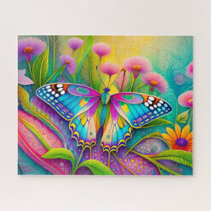 Colorful Psychedelic Butterfly and Wildflowers Jigsaw Puzzle