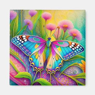 Colorful Psychedelic Butterfly and Wildflowers Magnet