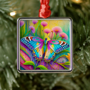 Colorful Psychedelic Butterfly and Wildflowers Metal Ornament