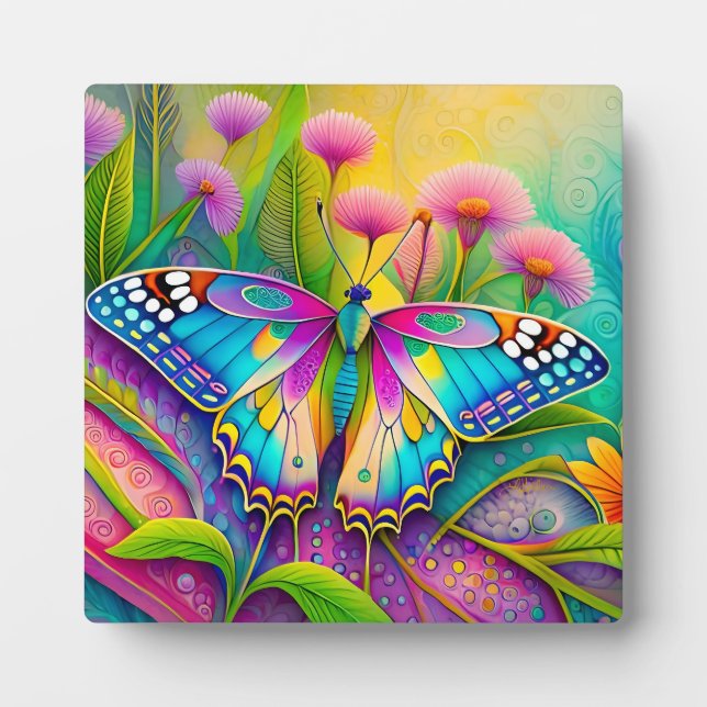 Colorful Psychedelic Butterfly and Wildflowers  Plaque (Front)