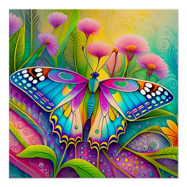 Colorful Psychedelic Butterfly and Wildflowers  Poster (Front)
