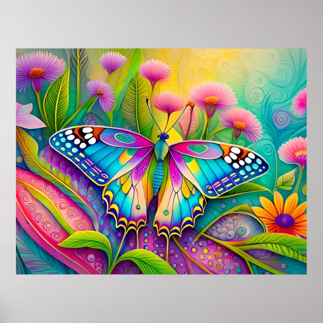 Colorful Psychedelic Butterfly and Wildflowers  Poster (Front)