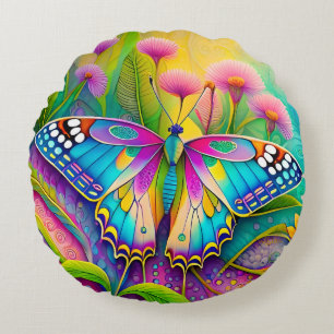 Colorful Psychedelic Butterfly and Wildflowers Round Pillow