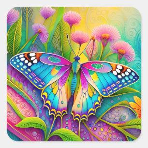 Colorful Psychedelic Butterfly and Wildflowers Square Sticker