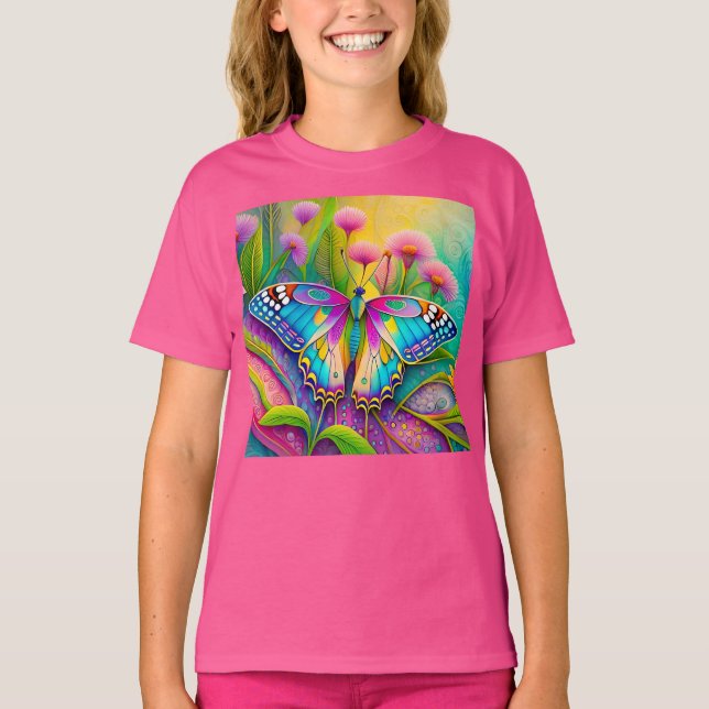 Colorful Psychedelic Butterfly and Wildflowers  T-Shirt (Front)