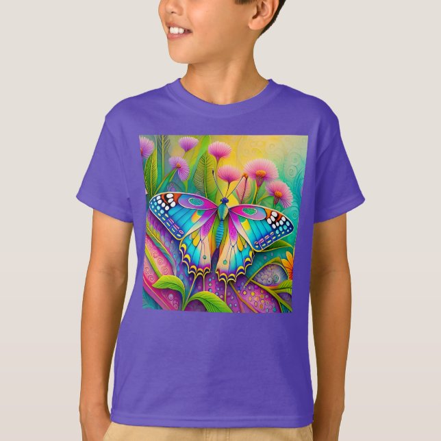 Colorful Psychedelic Butterfly and Wildflowers  T-Shirt (Front)