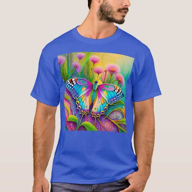 Colorful Psychedelic Butterfly and Wildflowers  T-Shirt (Front)