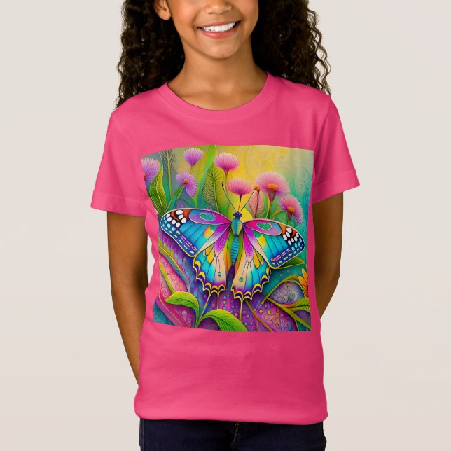 Colorful Psychedelic Butterfly and Wildflowers  T-Shirt (Front)