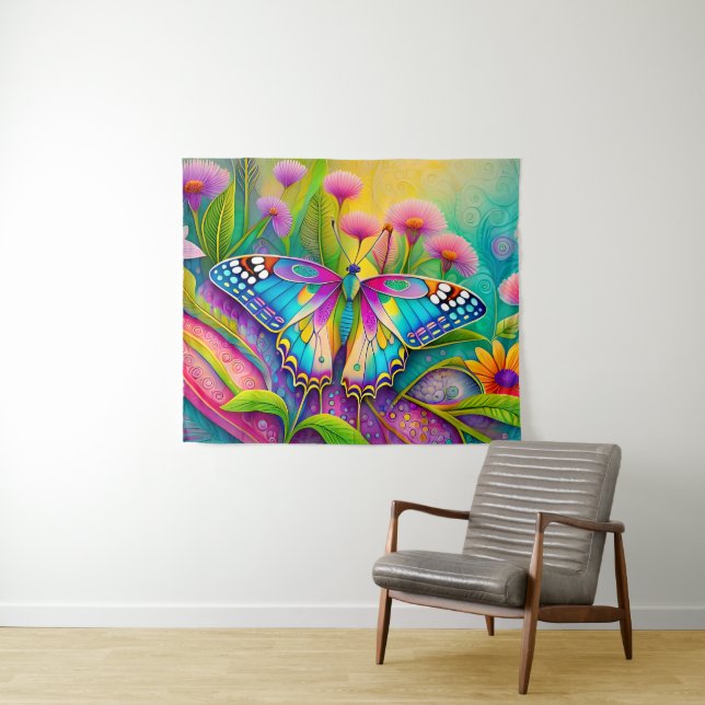 Colorful Psychedelic Butterfly and Wildflowers  Tapestry (In Situ (Horizontal))