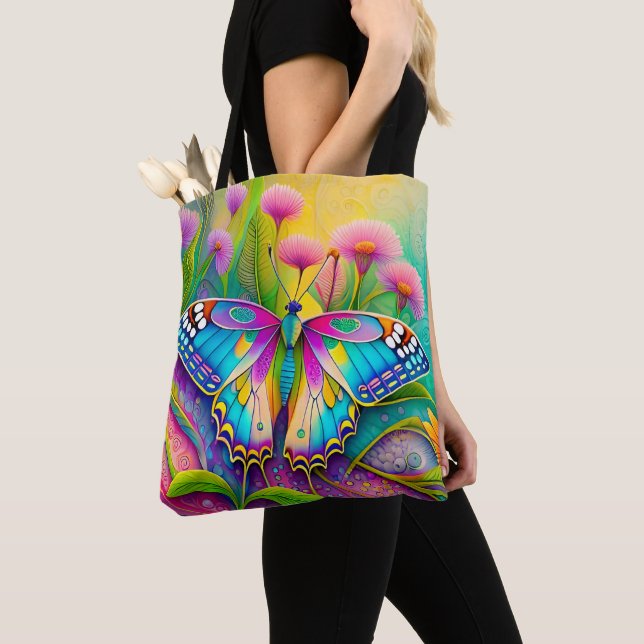 Colorful Psychedelic Butterfly and Wildflowers  Tote Bag (Close Up)