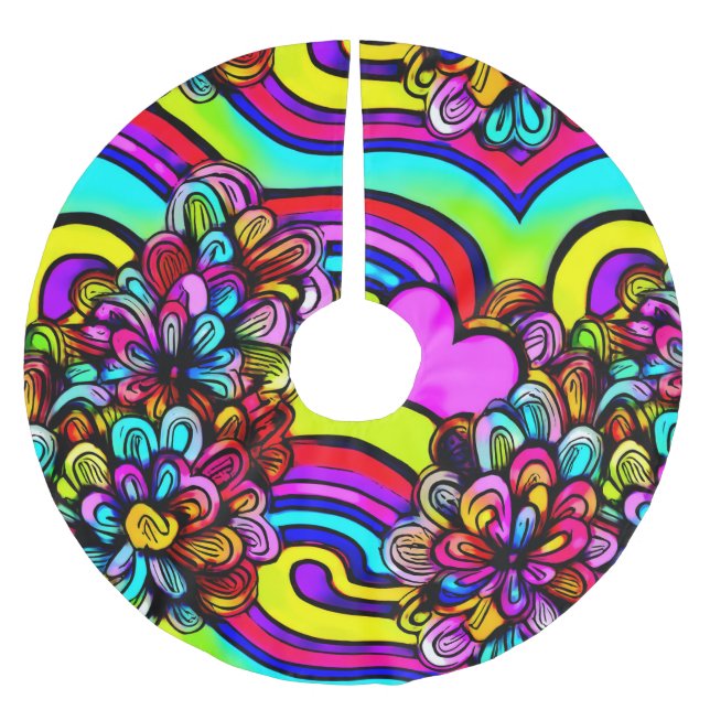 Colorful Psychedelic Cartoon Flowers Christmas Brushed Polyester Tree Skirt (Front)