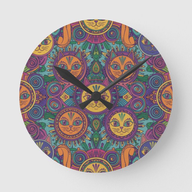 Colorful Psychedelic Cat Wall Clock (Front)