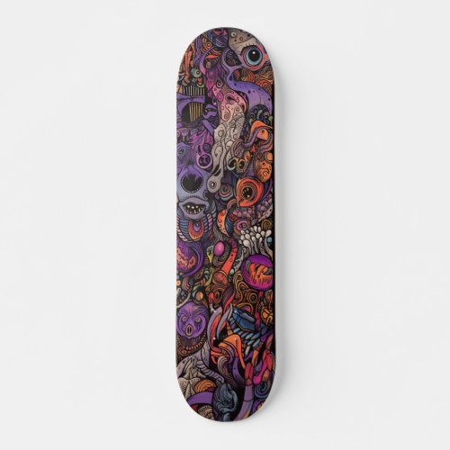 Colorful psychedelic creatures skateboard