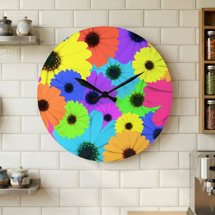Colorful Psychedelic Daisy Floral Pattern Large Clock