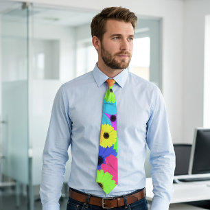 Colorful Psychedelic Daisy Floral Pattern Neck Tie