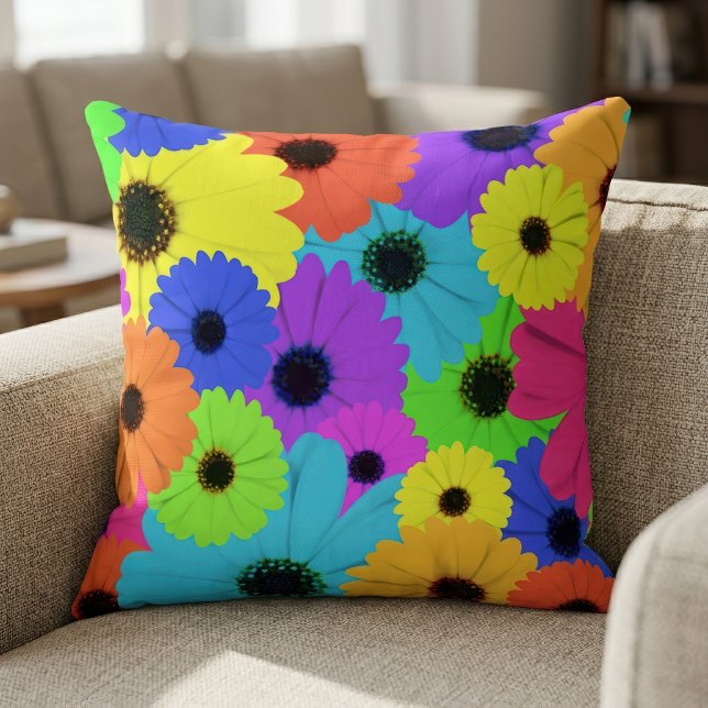 Colorful Psychedelic Daisy Floral Pattern Throw Pillow (Colorful Psychedelic Daisy Floral Pattern. Throw Pillow)
