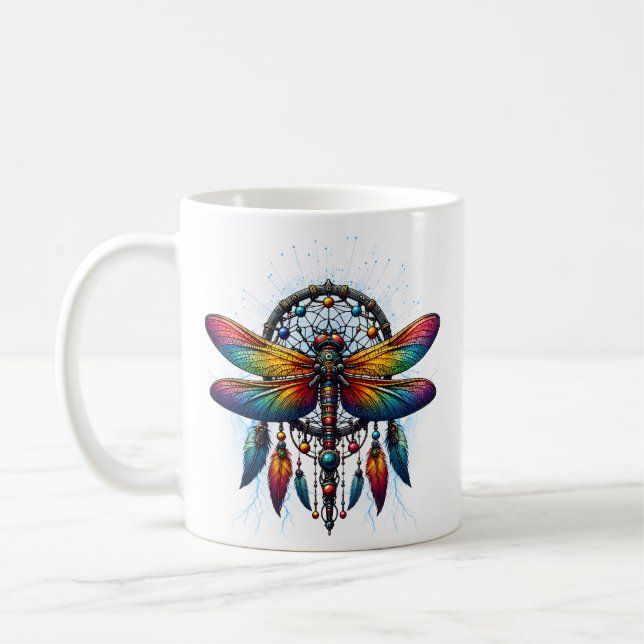 Colorful Psychedelic Dragonfly Dreamcatcher Boho Coffee Mug (Left)