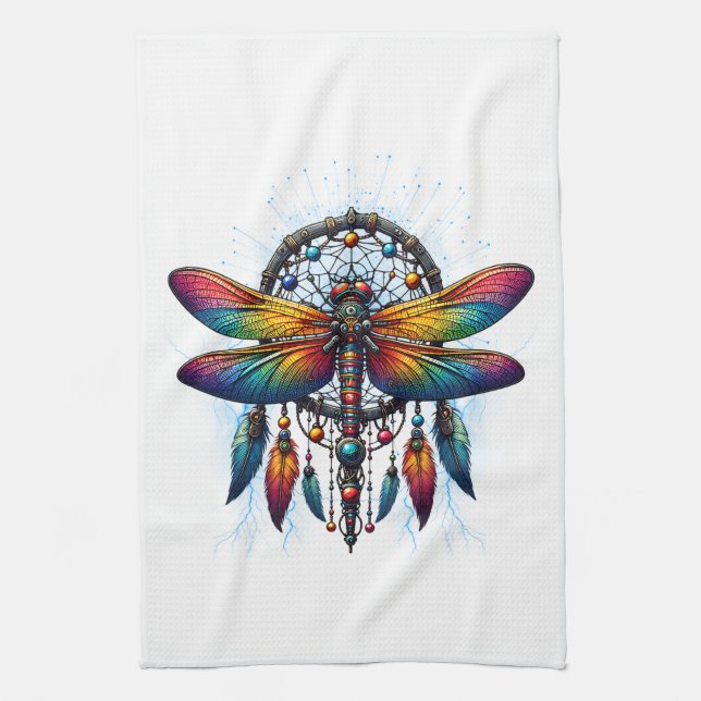 Colorful Psychedelic Dragonfly Dreamcatcher Boho Kitchen Towel (Vertical)