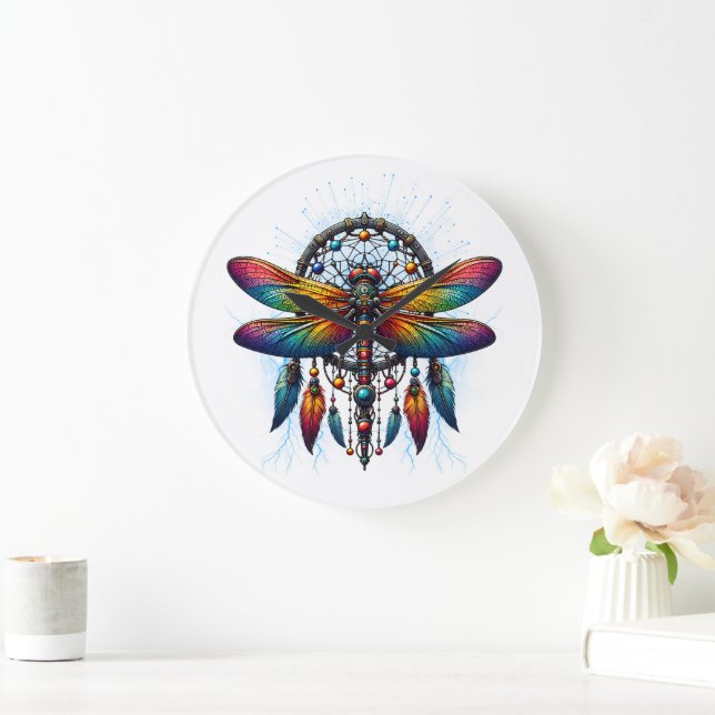 Colorful Psychedelic Dragonfly Dreamcatcher Boho Large Clock (Home)