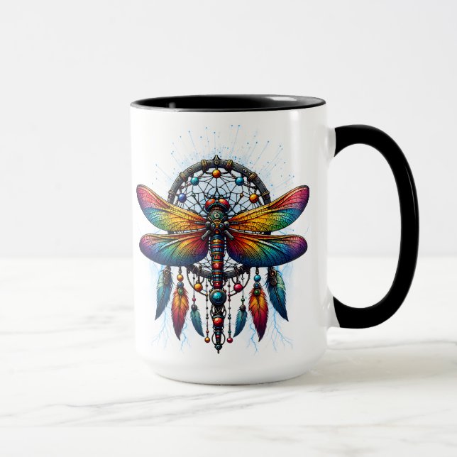 Colorful Psychedelic Dragonfly Dreamcatcher Boho Mug (Right)